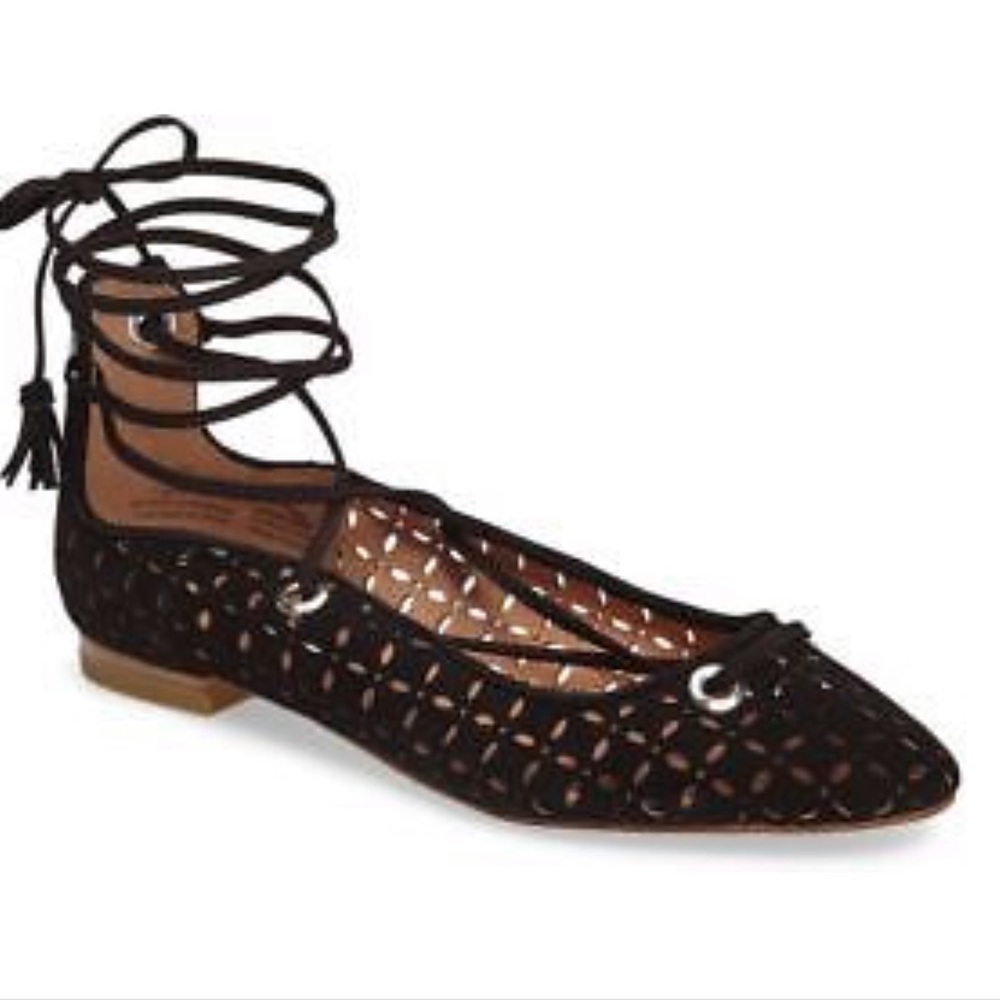 Black Suede Perforated Lace up Flats - Picture 9 of 10